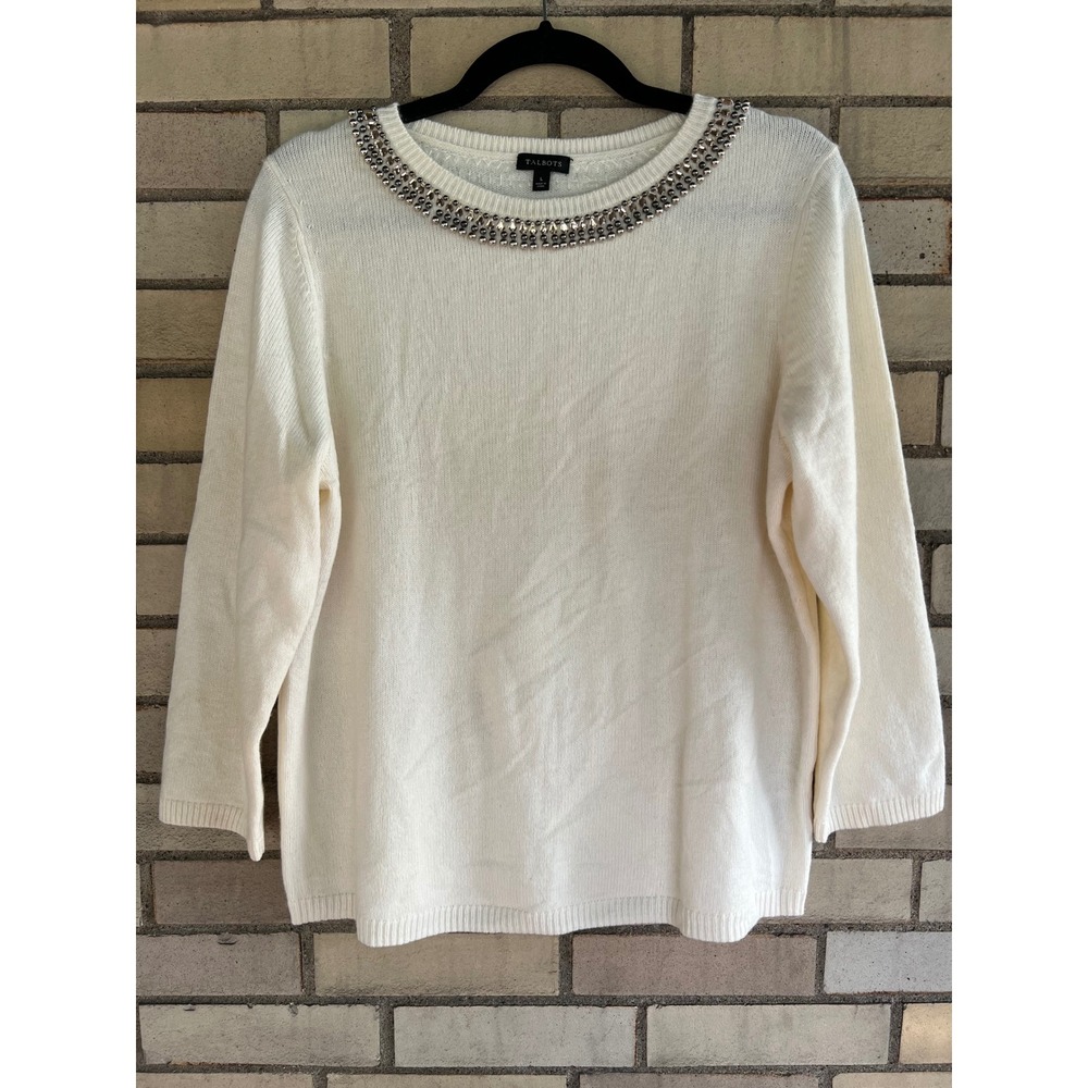 Talbots Ivory Embellished Neckline Wool Cashmere Blend Sweater Size Large
